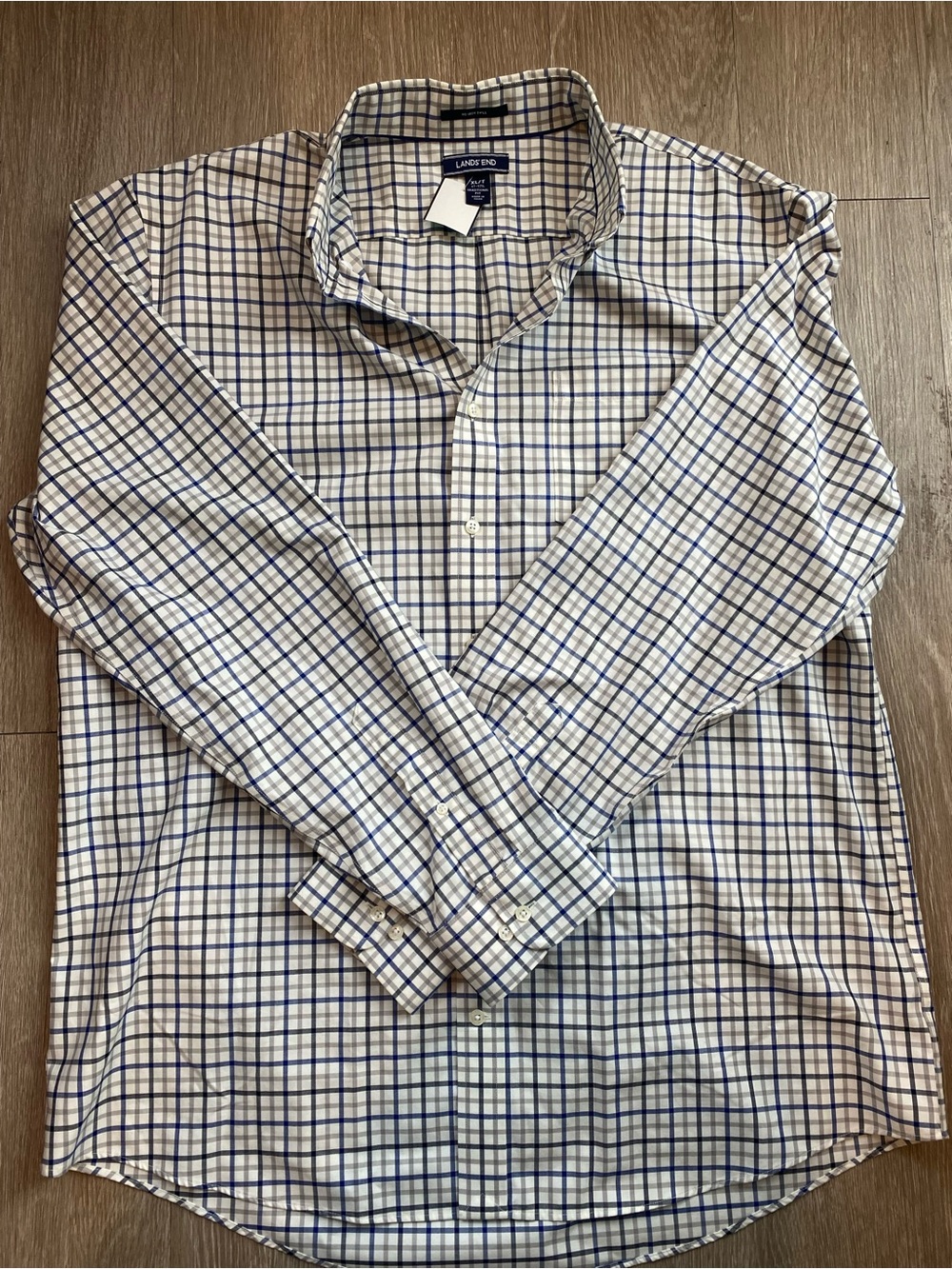 Lands' End Mens XL Plaid Button-Up Shirt White Blue No Iron Twill